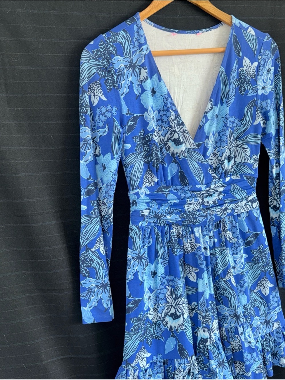 Lilly Pulitzer Blue Floral Empire Waist L/S Dress w/ Short Under Ruffle Hem XS - Picture 3 of 13